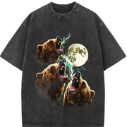 Bear Howling to Moon 90s Vintage Washed T-Shirt in Black