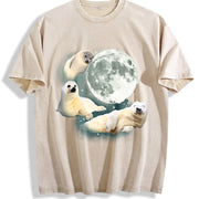 Three Baby Seal Retro Sea Dog Moon Vintage Washed T-Shirt in Beige