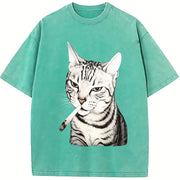 Cat Portrait Vintage Washed T-Shirt in Blue
