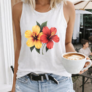 Hibiscus Flowers Women's Color Cotton Tank Top in White