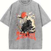 Retro Ichigo Kurosaki Rage Bankai Bleach Anime Manga vintage washed oversized T-shirt in Gray