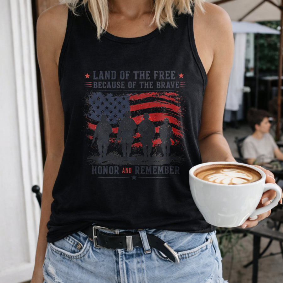 Land of the Free Because of the Brave Women's Color Cotton Tank Top in Black