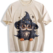 Autumn a Cartoon- Owl from the Early Days Vintage Washed T-Shirt in Beige