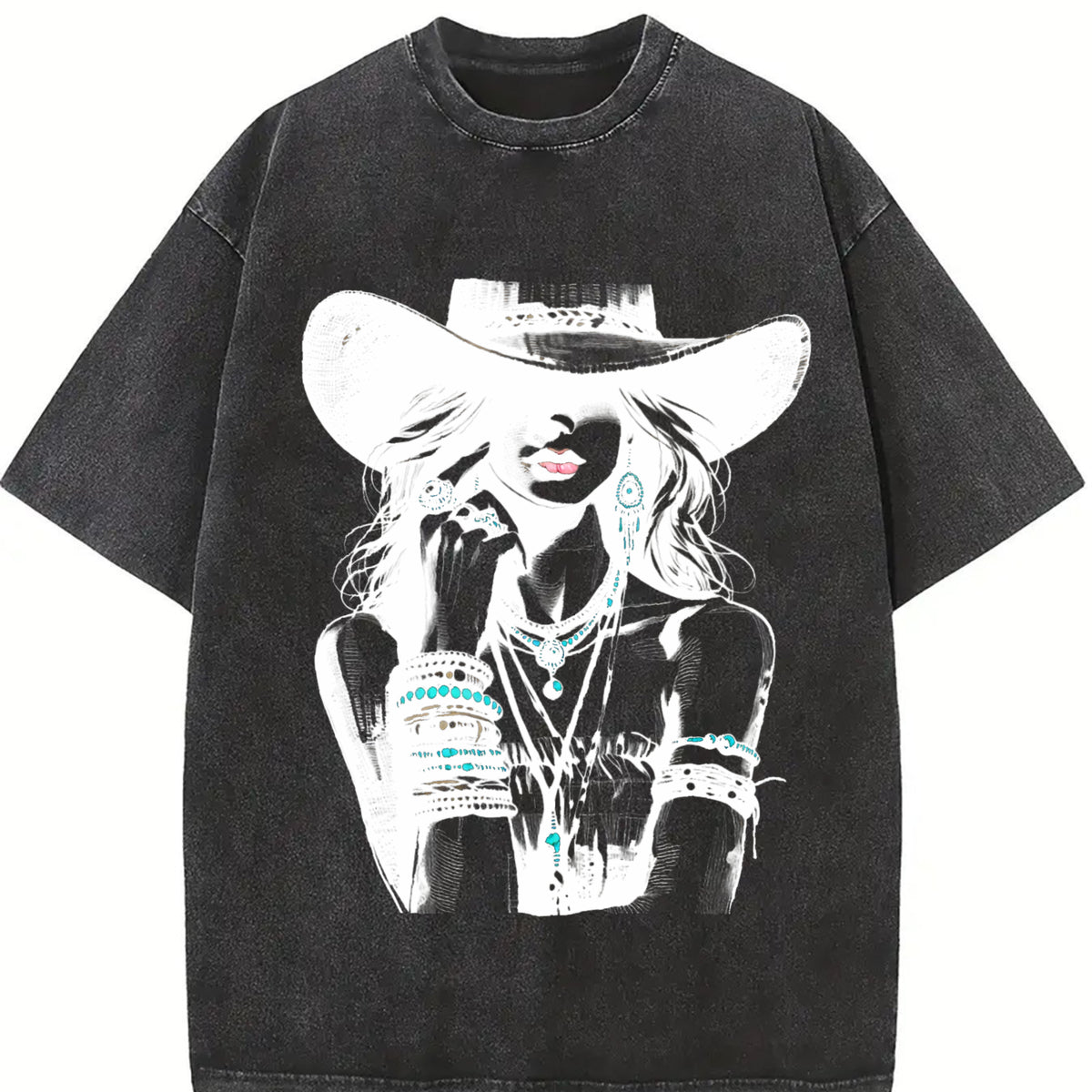 Boho Woman Hat Western Cowgirl Vintage Washed T-Shirt in Black