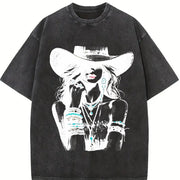 Boho Woman Hat Western Cowgirl Vintage Washed T-Shirt in Black