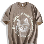 Eat Sleep Meow Repeat Cute Kitten Lovers for Ladies Cute Vintage Washed T-Shirt in Brown
