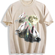 Opossum Howling to Moon 90s Vintage Washed T-Shirt in Beige