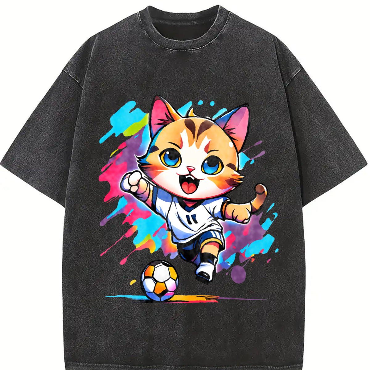 Cat Soccer Player Vintage Washed T-Shirt in Black