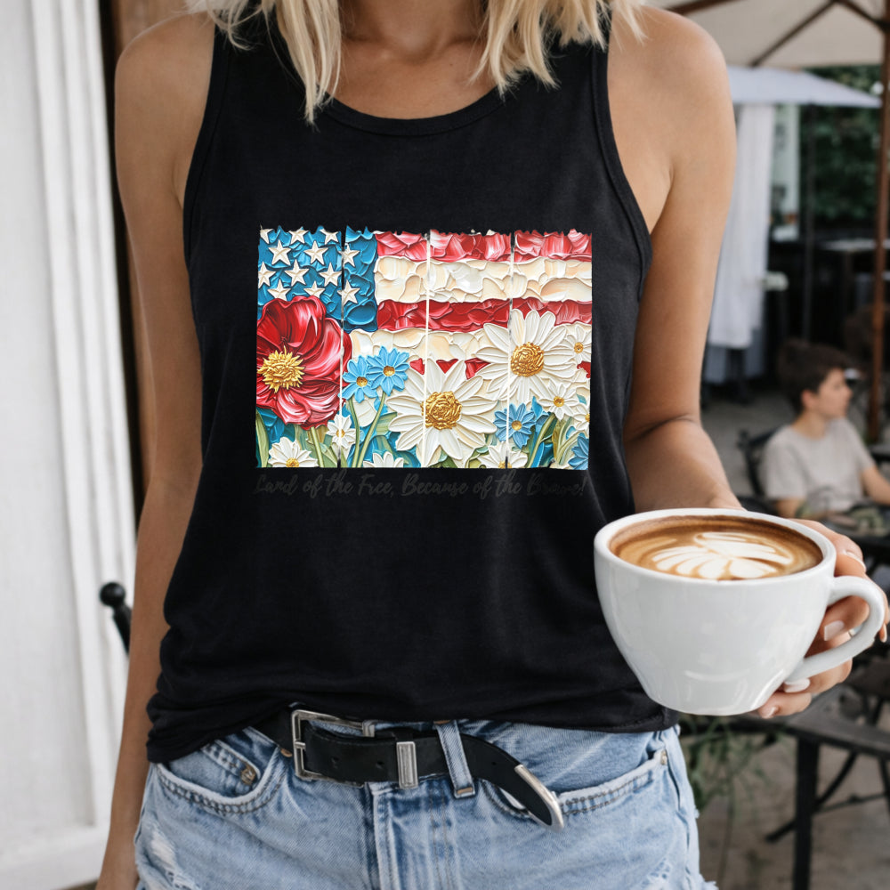 Floral Patriotic USA Women's Color Cotton Tank Top in Black