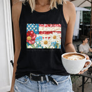 Floral Patriotic USA Women's Color Cotton Tank Top in Black