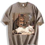 Smoking Cat Tattooing a White Cat Vintage Washed T-Shirt in Brown
