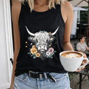 Highland Cow Floral Women's Color Cotton Tank Top in Black