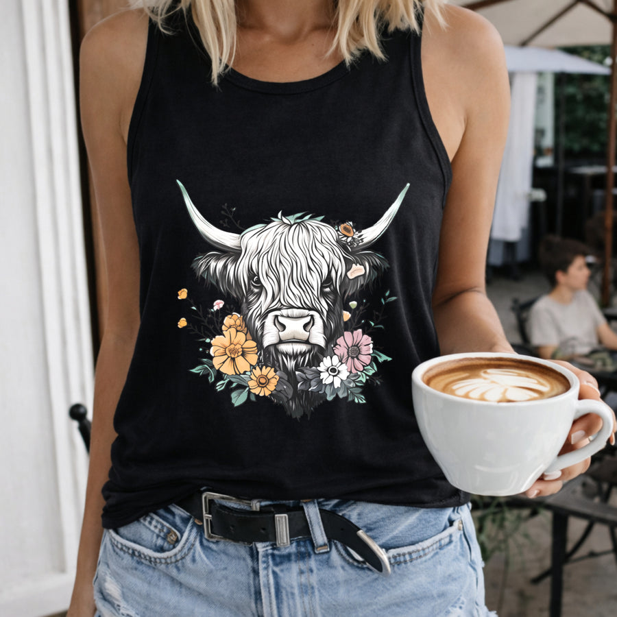 Highland Cow Floral Women's Color Cotton Tank Top in Black