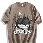 Inspired Whimsical Black Dragon & Floral Book Vintage Washed T-Shirt in Brown