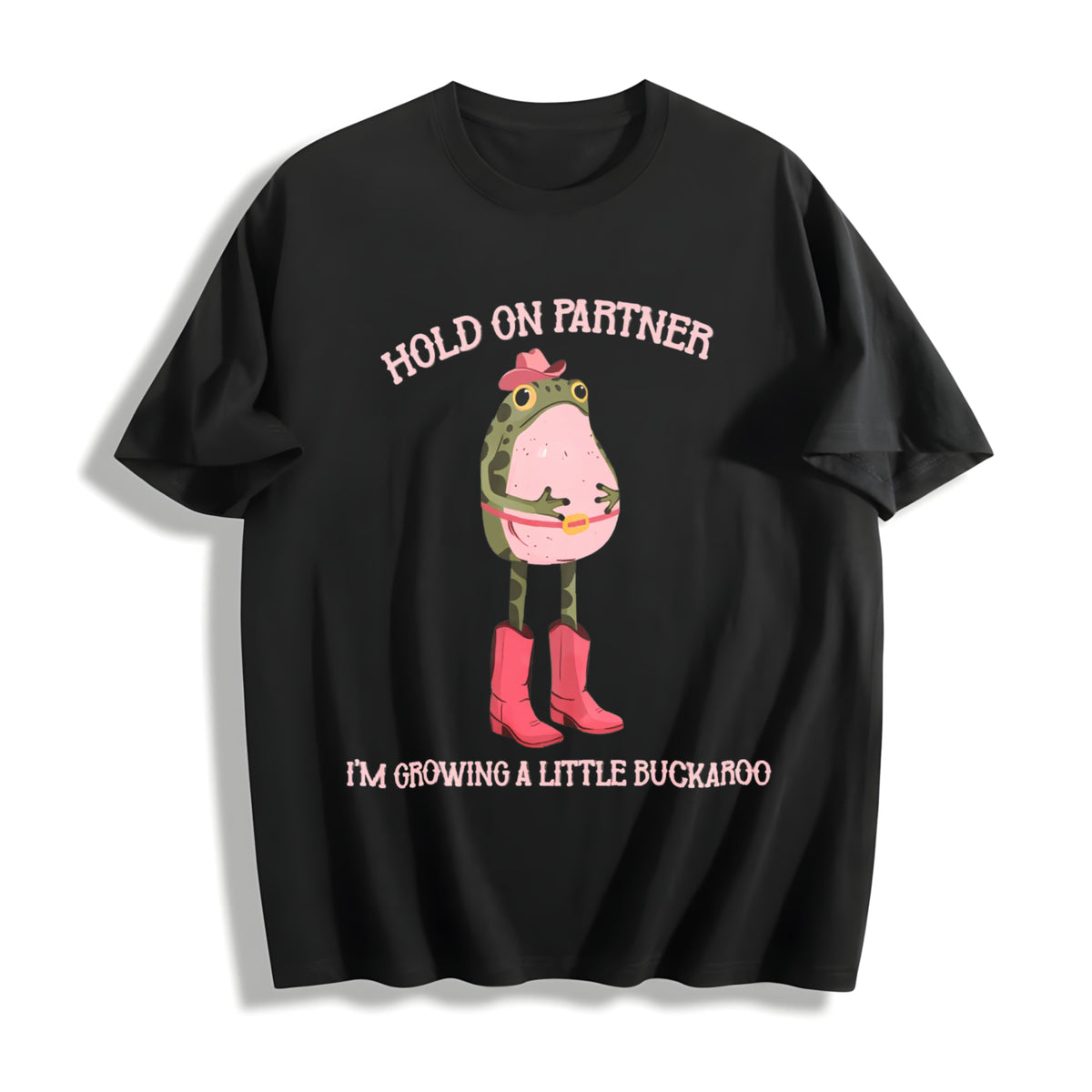 Hold on Partner I'm Growing a Little Buckaroo Cotton T-Shirt in Black