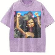 Glam Doll Raising Both Fists Vintage Washed T-Shirt in Purple