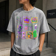 Mardi Gras Doodle Icons Vintage Washed T-Shirt in Gray