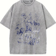 Wild Animals Retro Animal Drawing Vintage Washed T-Shirt in Gray