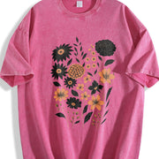 Pressed Flowers Botanical Floral Vintage Washed T-Shirt in Red
