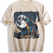 Retro Wolf Howling Y2k Teenager Vintage Washed T-Shirt in Beige