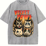 Velvet Pawz Cat Rock Band Vintage Washed T-Shirt in Gray