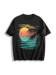 Sunset Beach Vibes Cotton T-Shirt in Black