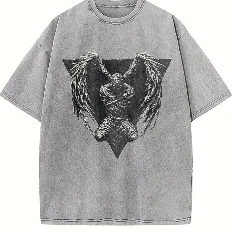 Dark Angel Winged Statue Sleeveless Tank Vintage Washed T-Shirt in Gray