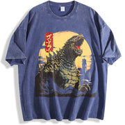 Godzillaed Japanese Monster Wave Classic O Neck Hip Hop vintage washed oversized T-shirt in Blue