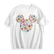 Floral Mouse Head Whimsical Ears Cotton T-Shirt in White