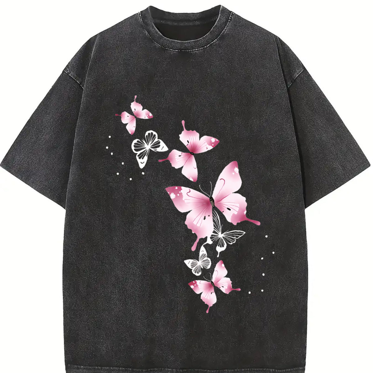 With Pink Butterfly Vintage Washed T-Shirt in Black