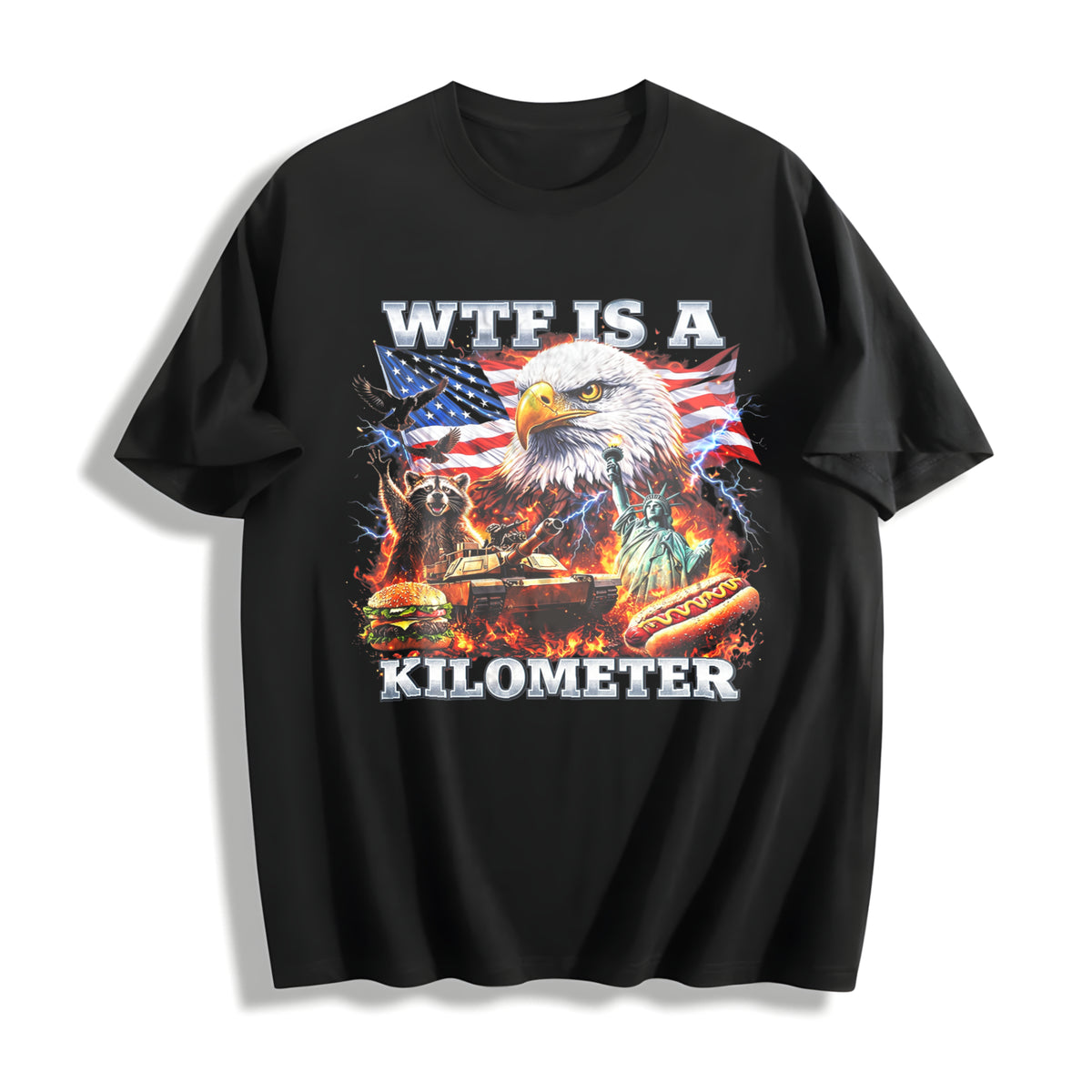 WTF Is a Kilometer Patriotic USA Eagle American Meme 4th Cotton T-Shirt in Black