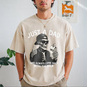 Just a Dad Who Came Back with the Milk Skeleton Fatherhood Vintage Washed T-Shirt in Beige
