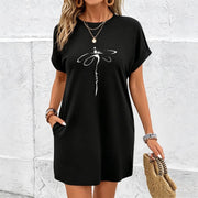 Elegant Dragonfly Short-sleeve Long Dress Cotton T-Shirt in Black