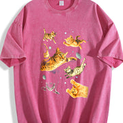 Cats in Galaxy Space Vintage Washed T-Shirt in Red