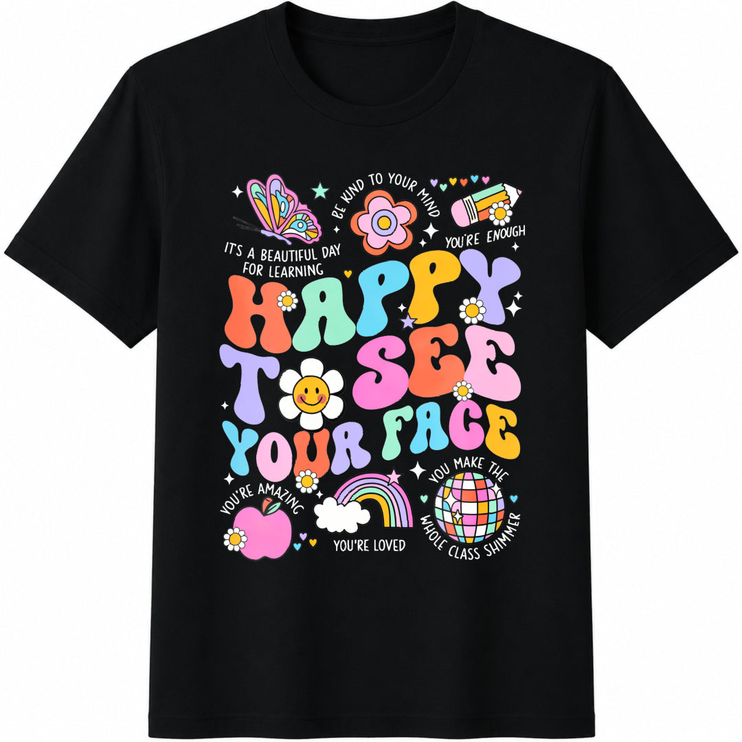 Happy to See Your Face Cotton T-Shirt in Black