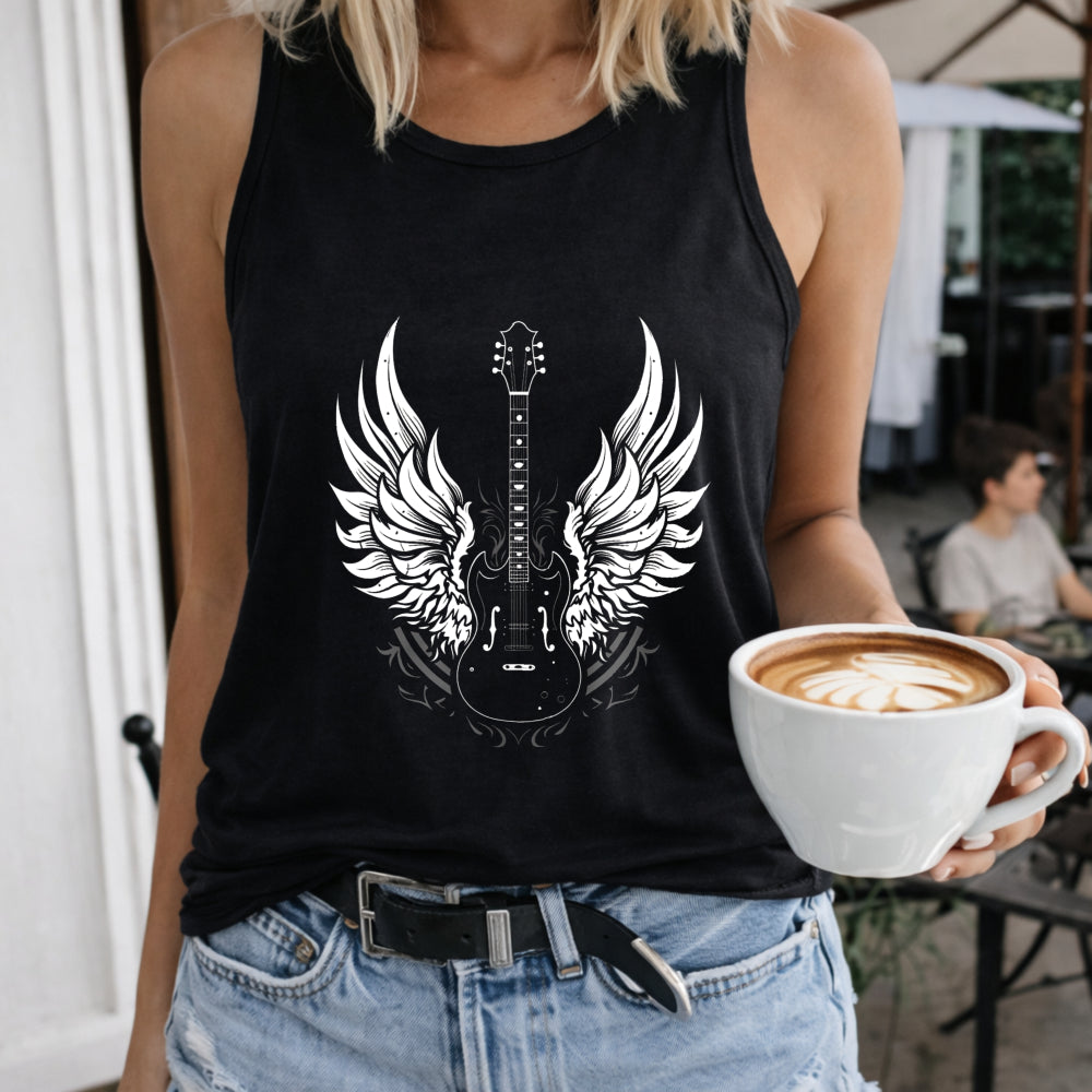 Guitar & Wing V-neck Tank Women's Color Cotton Tank Top in Black