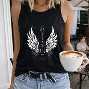 Guitar with Wings Crew-neck Sleeveless Vest Outdoor Women's Color Cotton Tank Top in Black