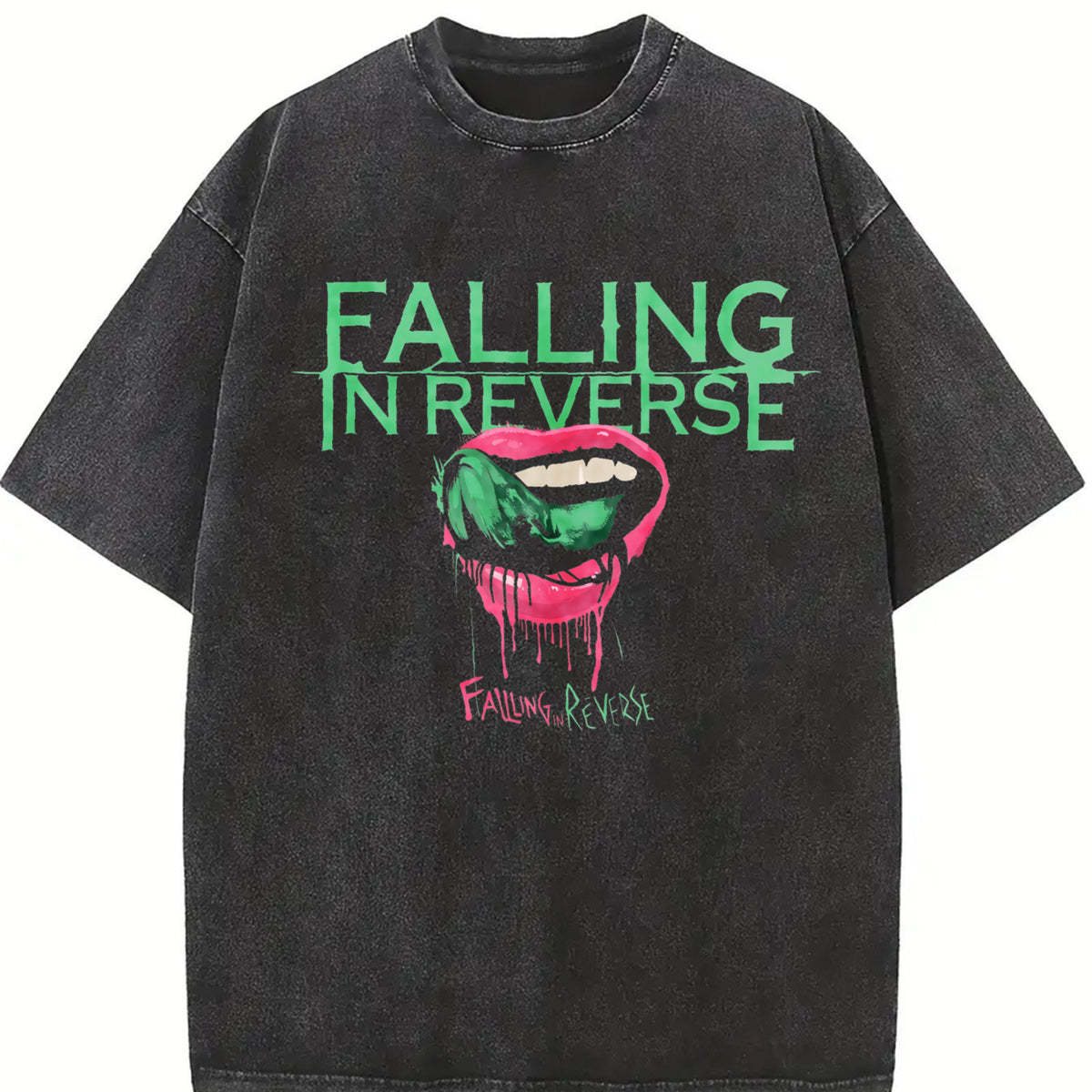 Retro Falling in Reverse Lips band Rock Band Heavy vintage washed oversized T-shirt in Black