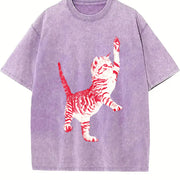 Playful Cat Retro 90s Cute Feline Vintage Washed T-Shirt in Purple