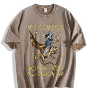 Sister Autumn: Witch Riding a Flying Dragon Letter Vintage Washed T-Shirt in Brown