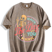 Skeleton Peace Sign Have the Day You Deserve Boxy Vintage Washed T-Shirt in Brown