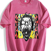 Premium Short-sleeve a Unique Punk Flame Screaming Face Vintage Washed T-Shirt in Red