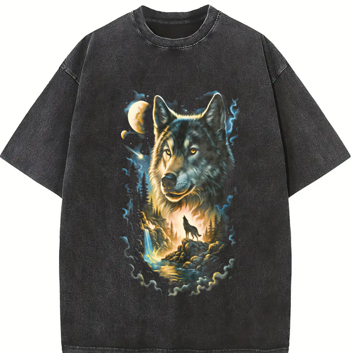 90s Howling Wolf Wilderness vintage washed oversized T-shirt in Black