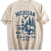 Retro Michigan the Great Lakes State Vintage Washed T-Shirt in Beige