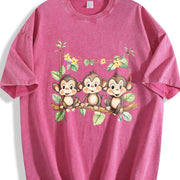 With Three Monkeys on Branch Yellow Flowers and Green Vintage Washed T-Shirt in Red