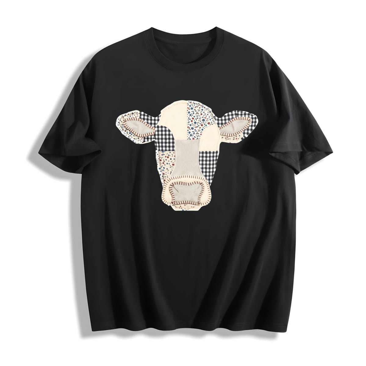 Faux Patchwork Cow Cotton T-Shirt in Black