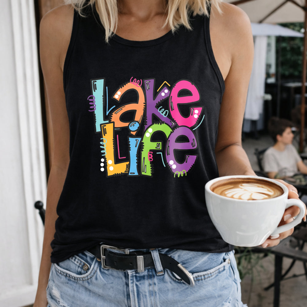 Lake Life Colorful Typography Crew-neck Sleeveless Vest Women's Color Cotton Tank Top in Black