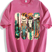 Western Cowgirl Cowboy Boots Cowprint vintage washed oversized T-shirt in Red