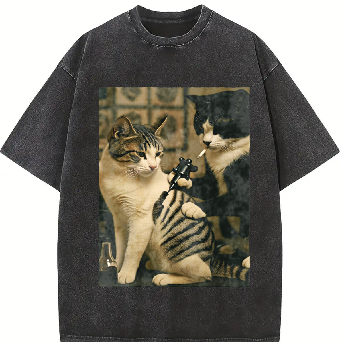 Cat Drinking Vintage Washed T-Shirt in Black