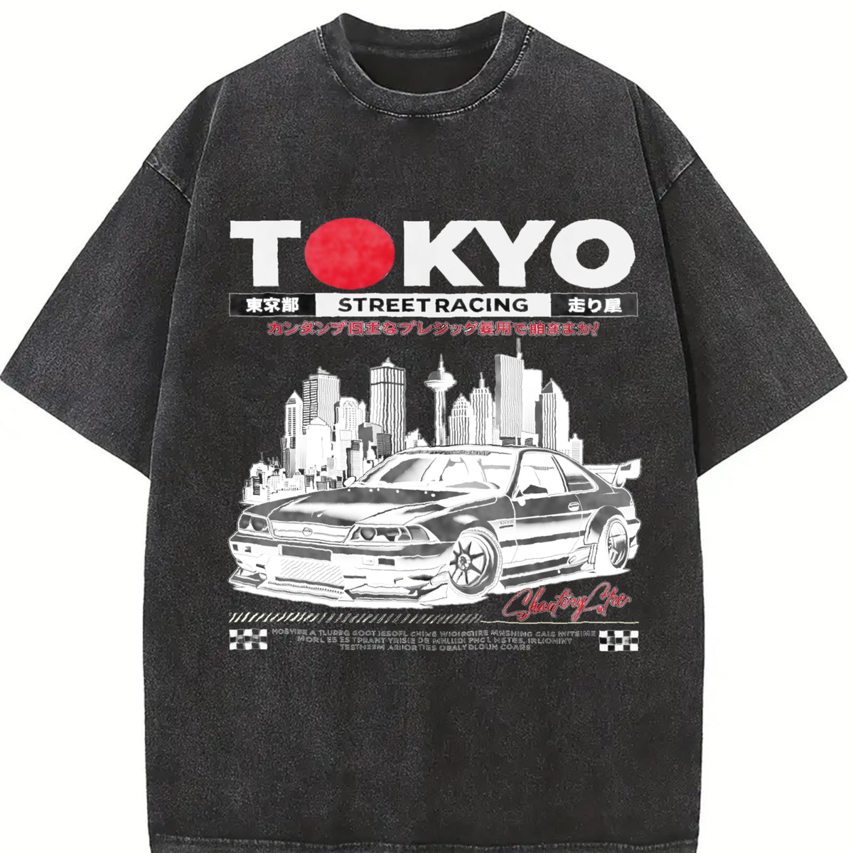 TOKYO Street Racing Car Sleeveless Tank Vintage Washed T-Shirt in Black